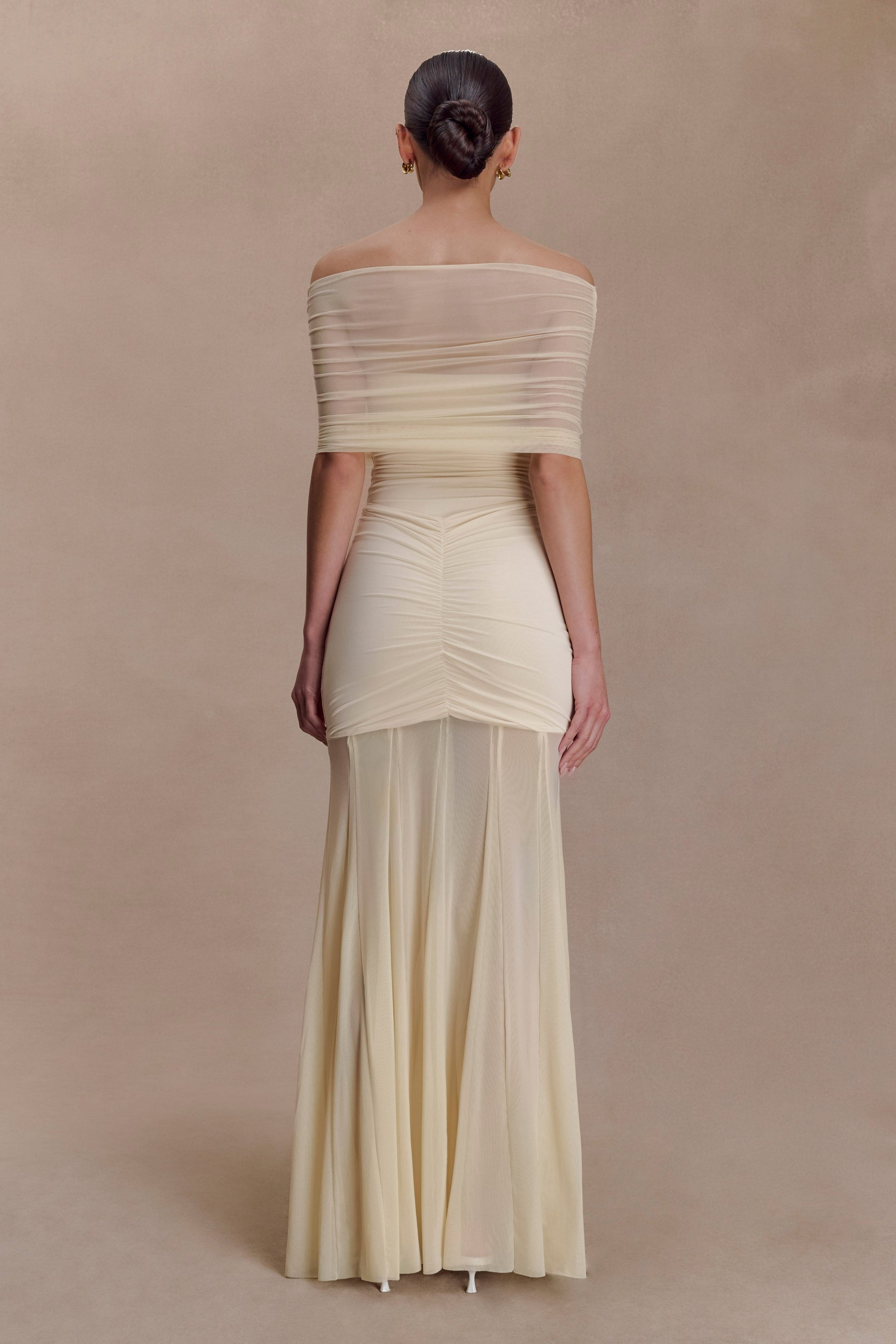 Caspian Slinky And Mesh Off Shoulder Maxi Dress - Ivory