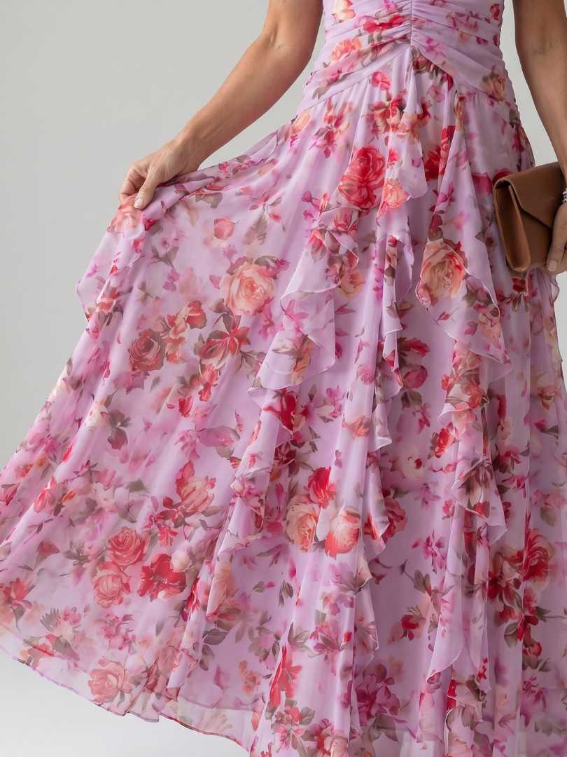 Marvela | Halter Neck Ruched Bodice Floral Maxi Dress