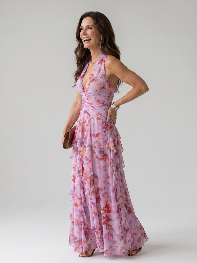 Marvela | Halter Neck Ruched Bodice Floral Maxi Dress