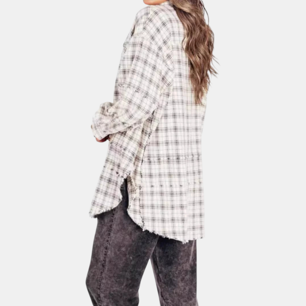 Women's Raw Hem Shirt Oversized Long Sleeve Blouse