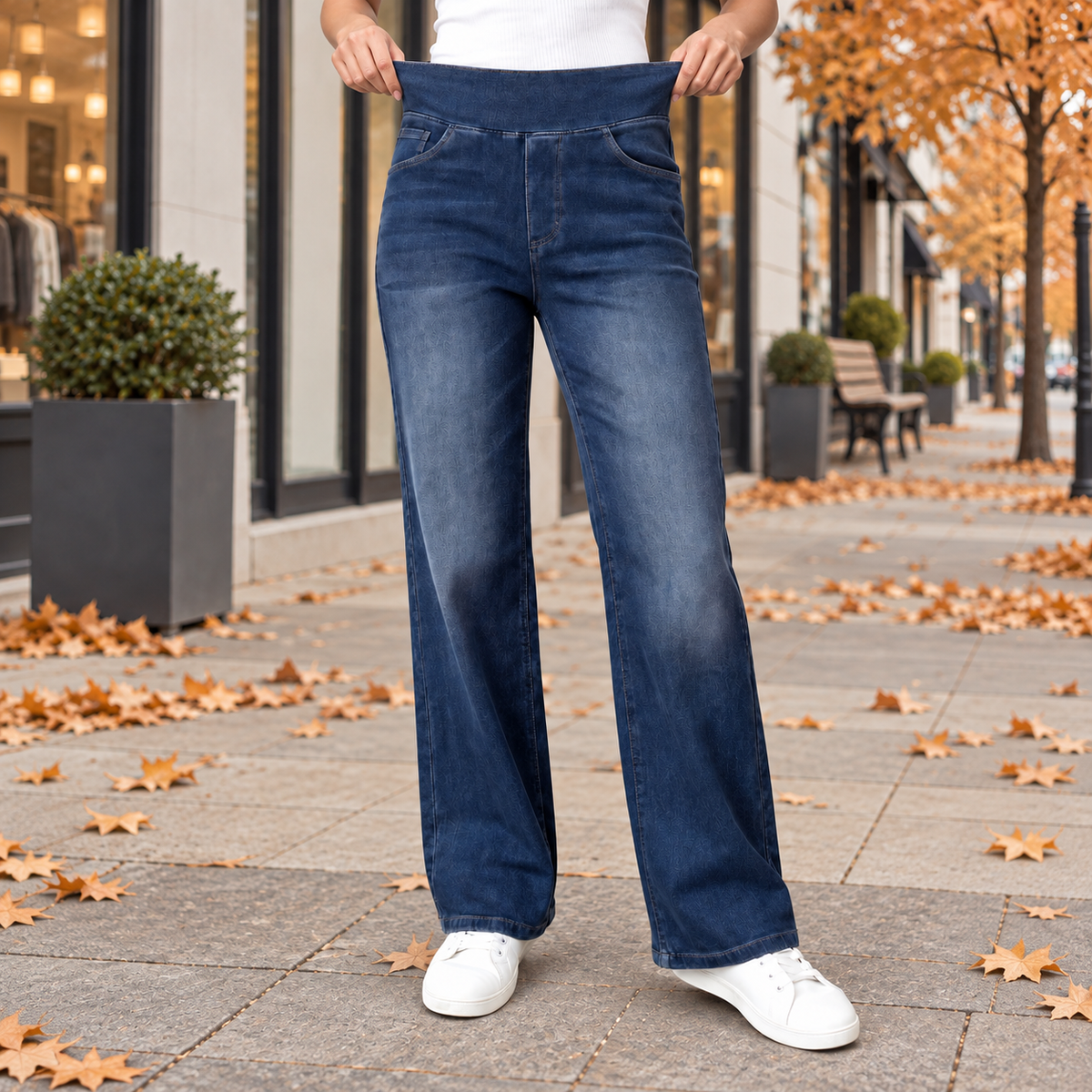 Denim Blue Straight Leg Elastic Waist High Waisted Jeans
