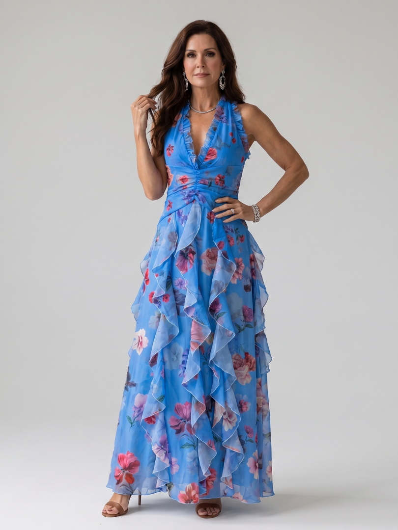 Marvela | Halter Neck Ruched Bodice Floral Maxi Dress
