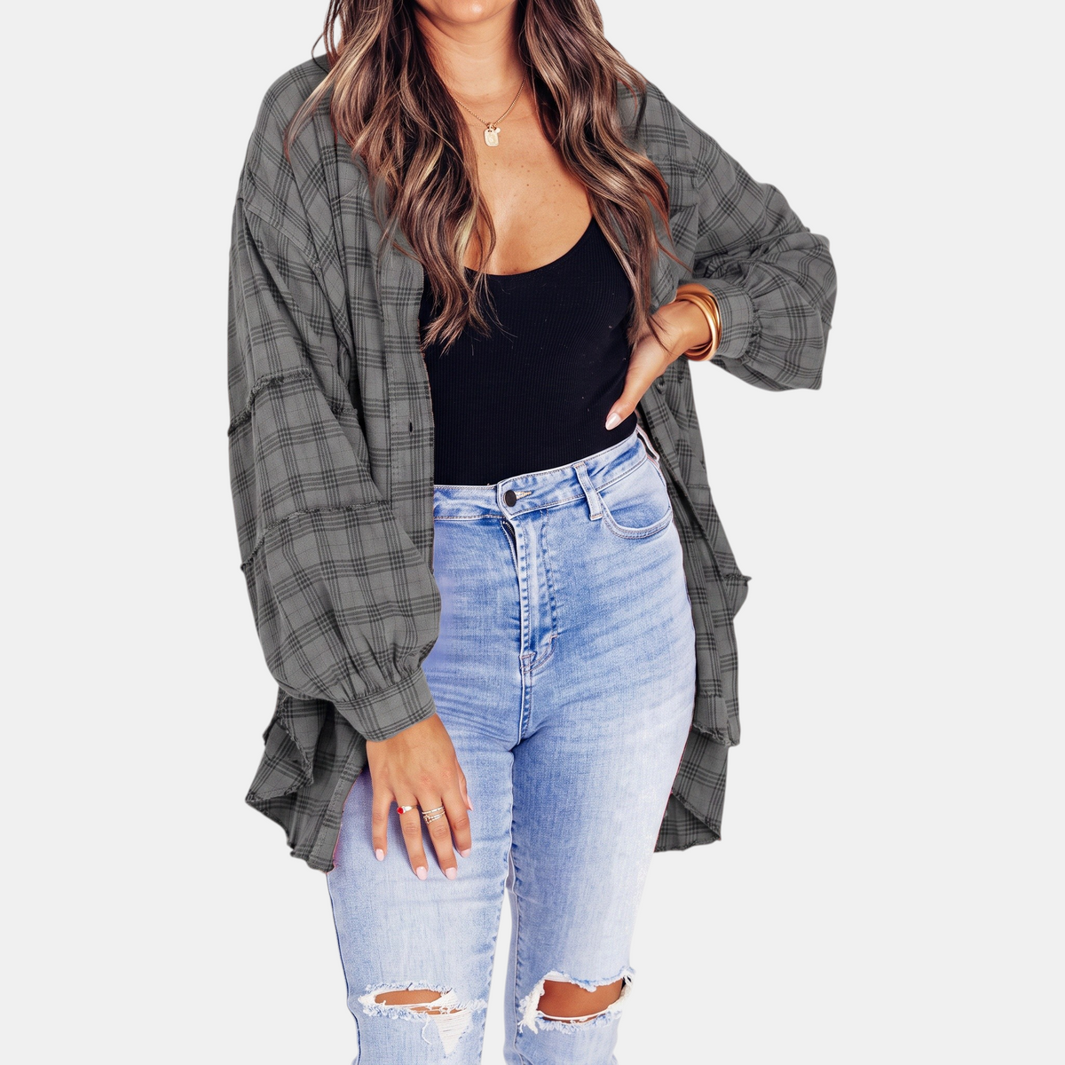 Women's Raw Hem Shirt Oversized Long Sleeve Blouse