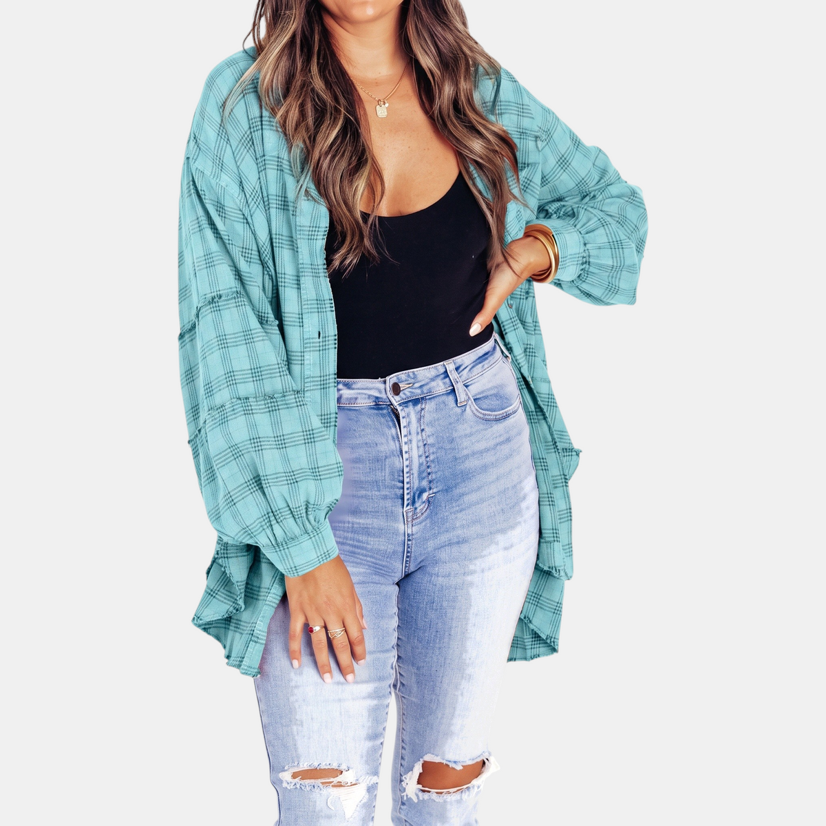 Women's Raw Hem Shirt Oversized Long Sleeve Blouse
