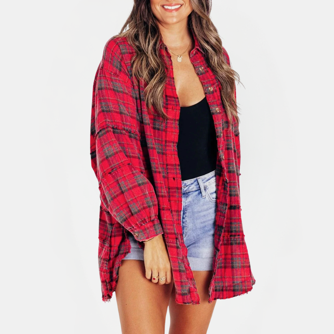 Women's Raw Hem Shirt Oversized Long Sleeve Blouse