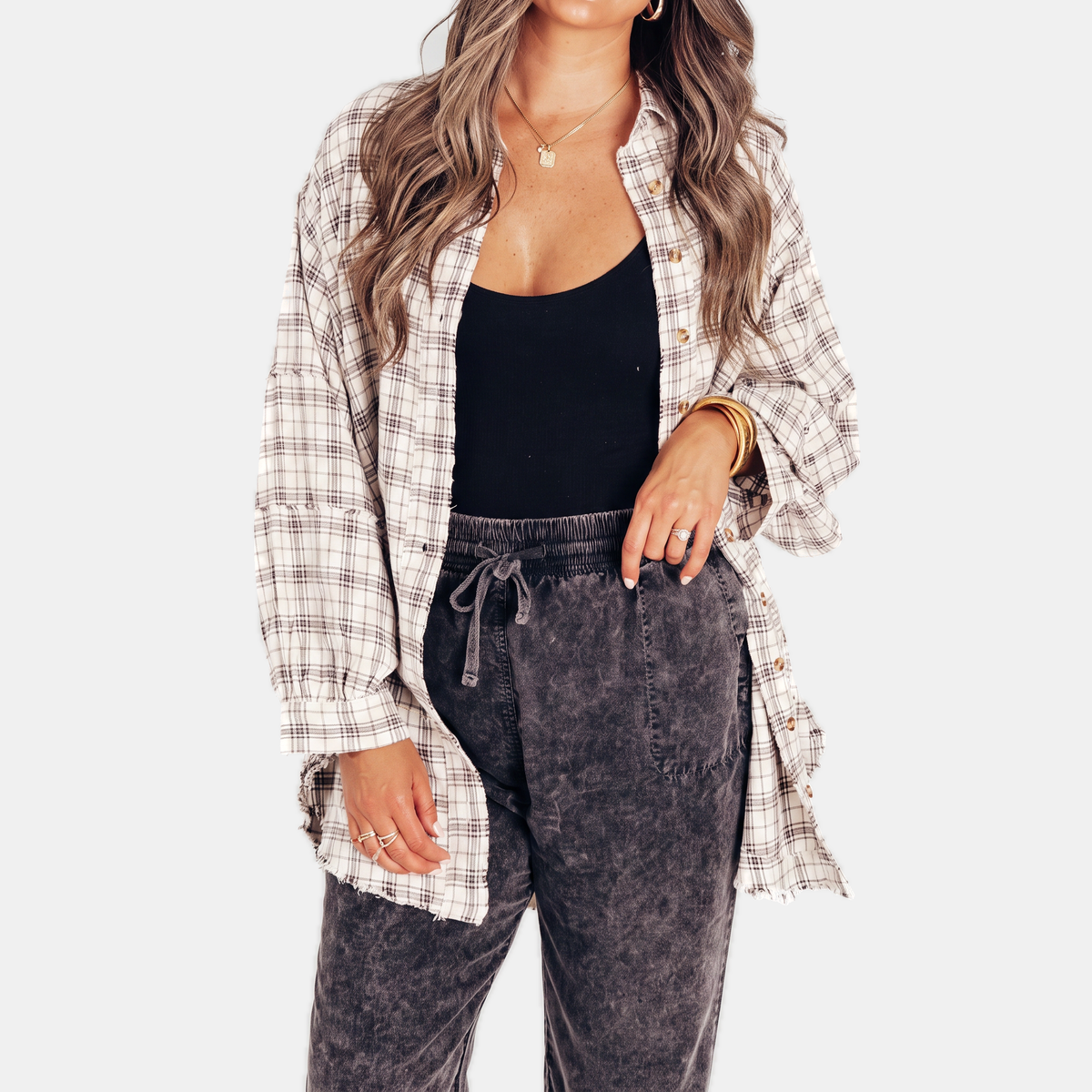 Women's Raw Hem Shirt Oversized Long Sleeve Blouse