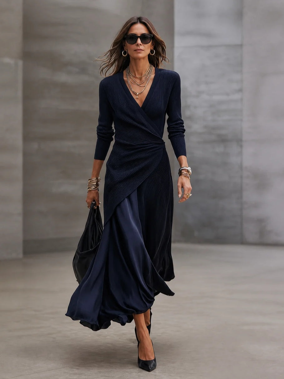 LOREDANA | Asymmetrical maxi dress with V-neck and navy blue satin panels