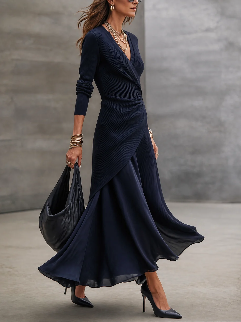 LOREDANA | Asymmetrical maxi dress with V-neck and navy blue satin panels