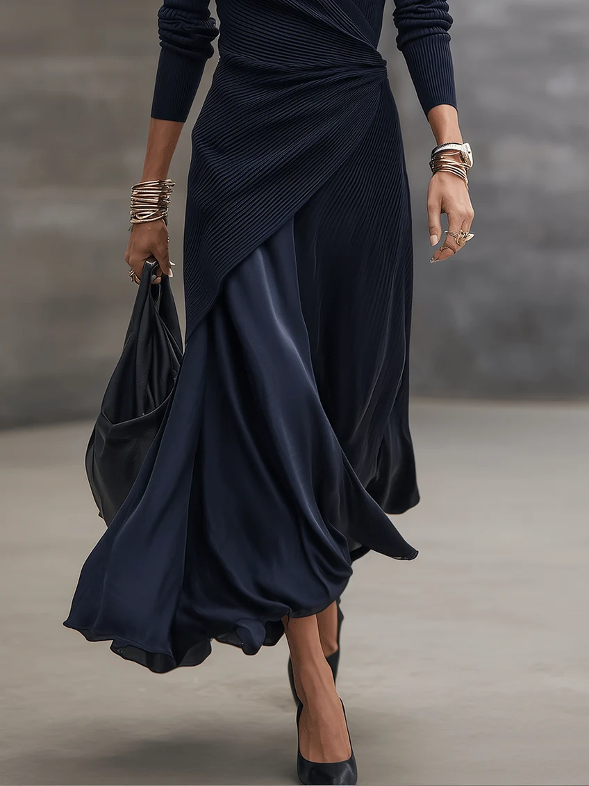 LOREDANA | Asymmetrical maxi dress with V-neck and navy blue satin panels