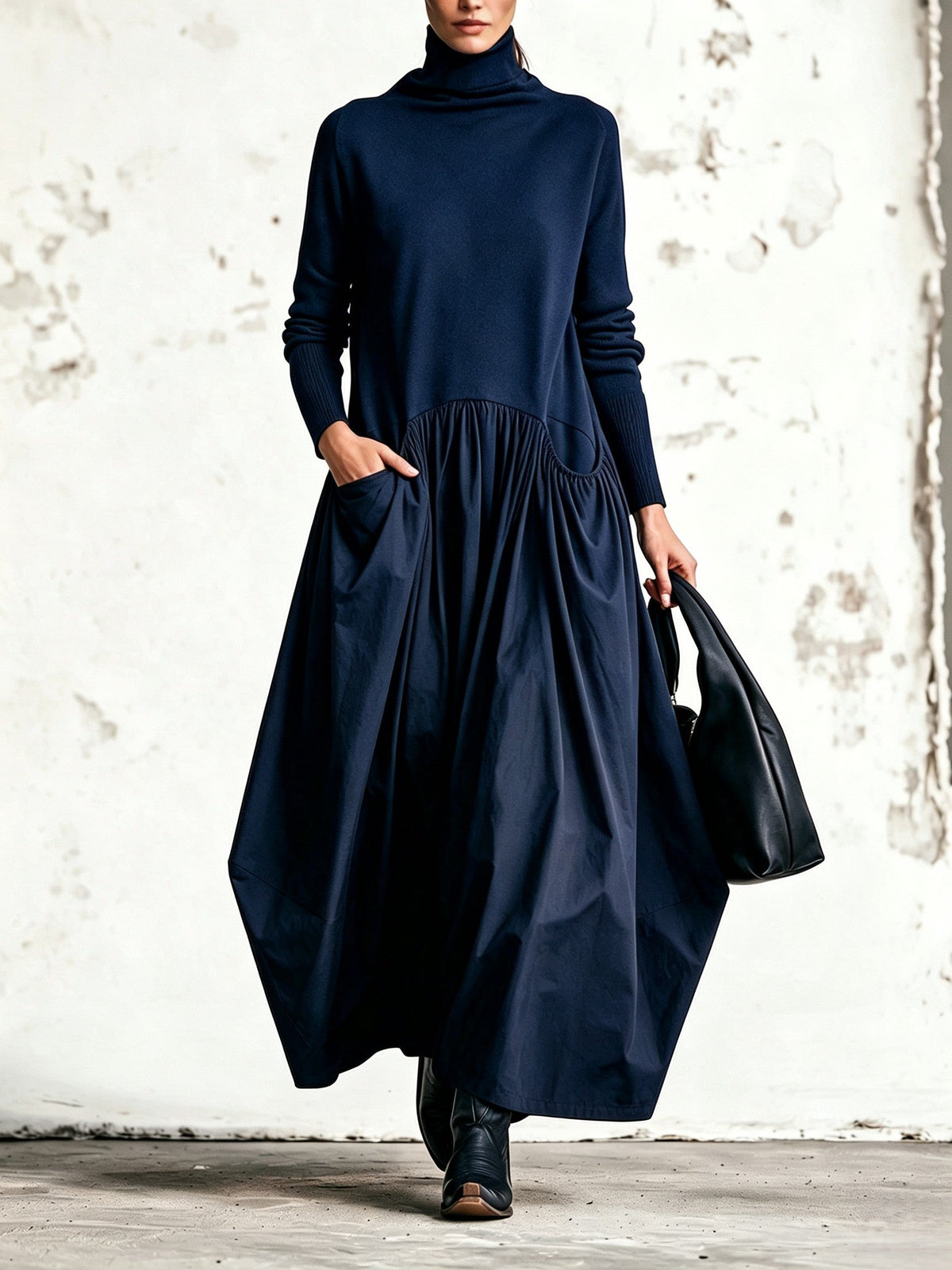 Lorena | Oversized long dress with high collar and large pockets