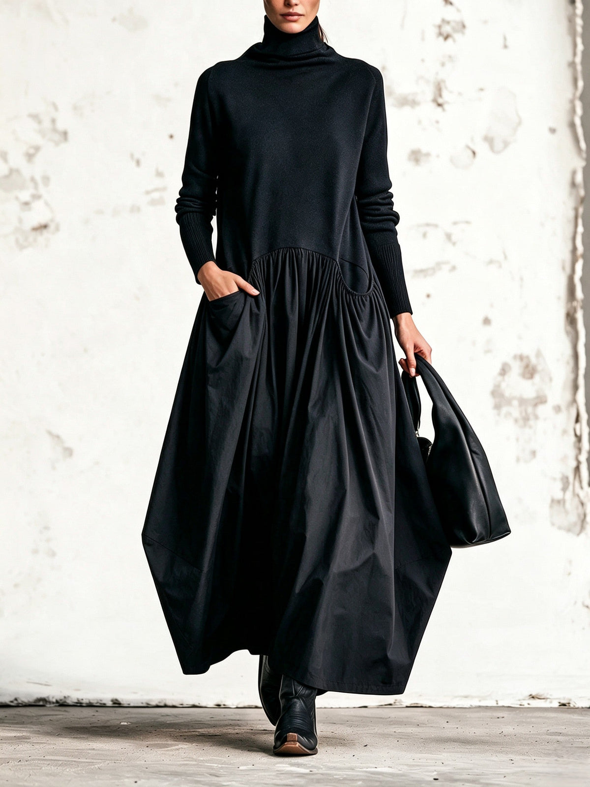 Lorena | Oversized long dress with high collar and large pockets