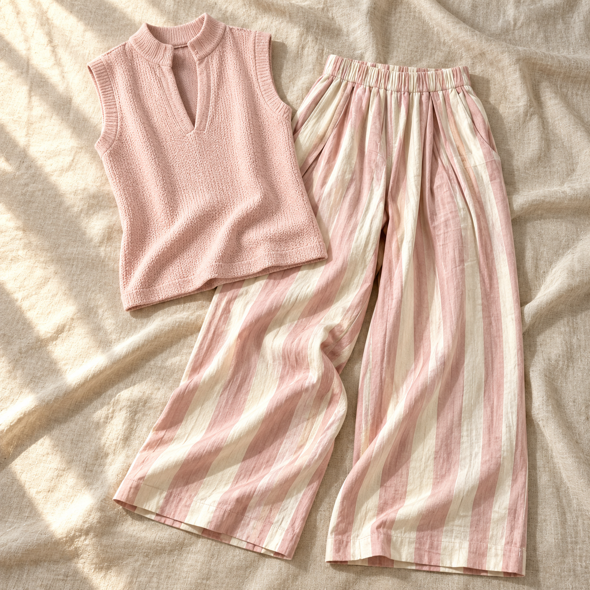 Pink Casual sleeveless top and loose striped trousers set
