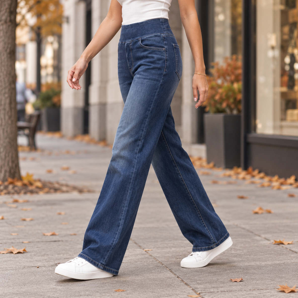 Denim Blue Straight Leg Elastic Waist High Waisted Jeans