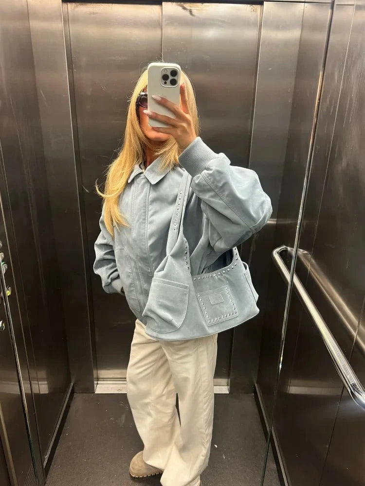 Serrah Babyblue Suede Bomber Jacket